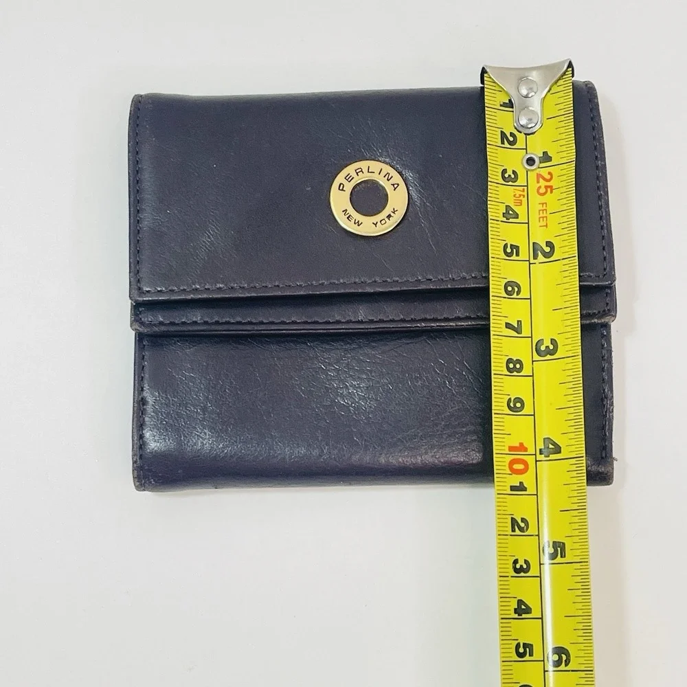 Perlina New York Brown Leather Double Snap Wallet Change Purse Tri-Fold‎ 5